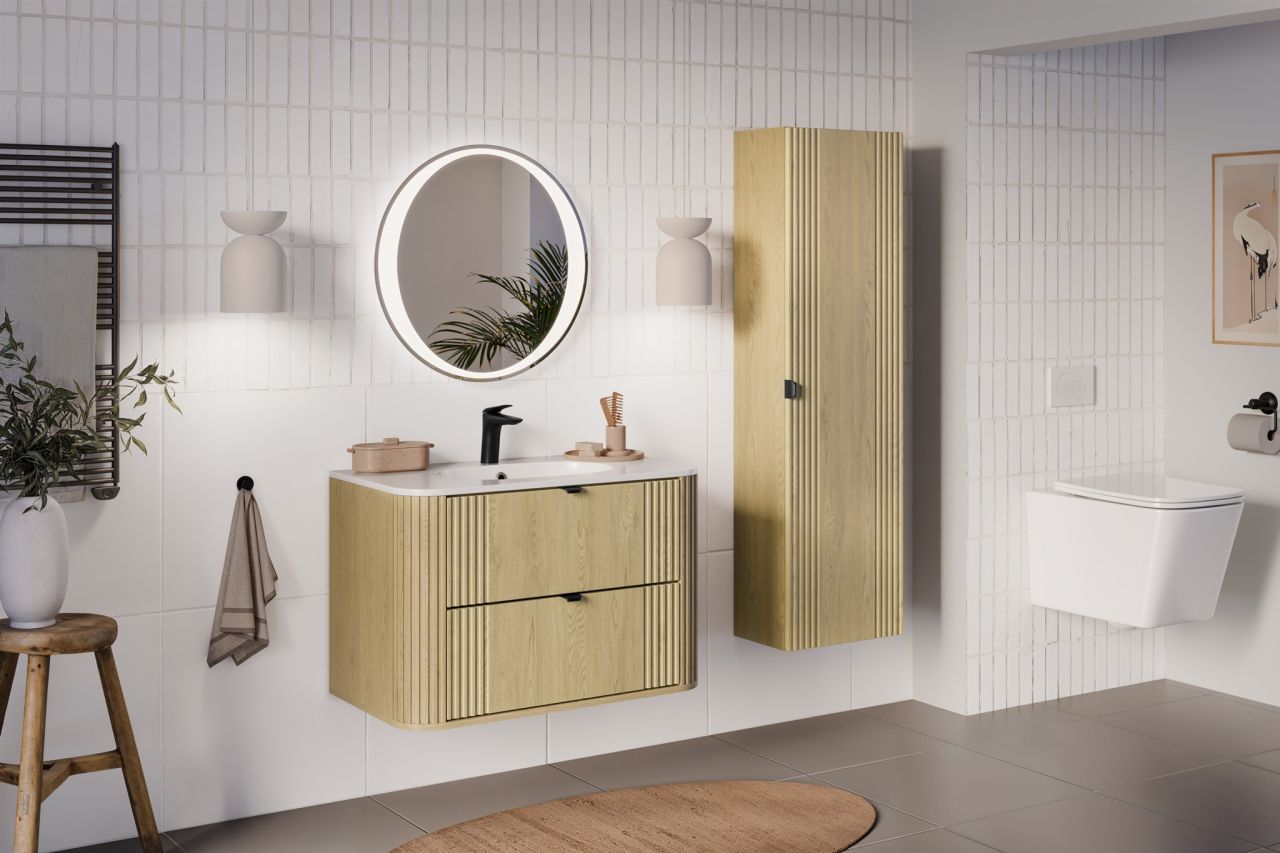 Badmöbel Set 3-tlg Badezimmerset WENDO Cremona Eiche Spiegel 60cm inkl. Wasch...