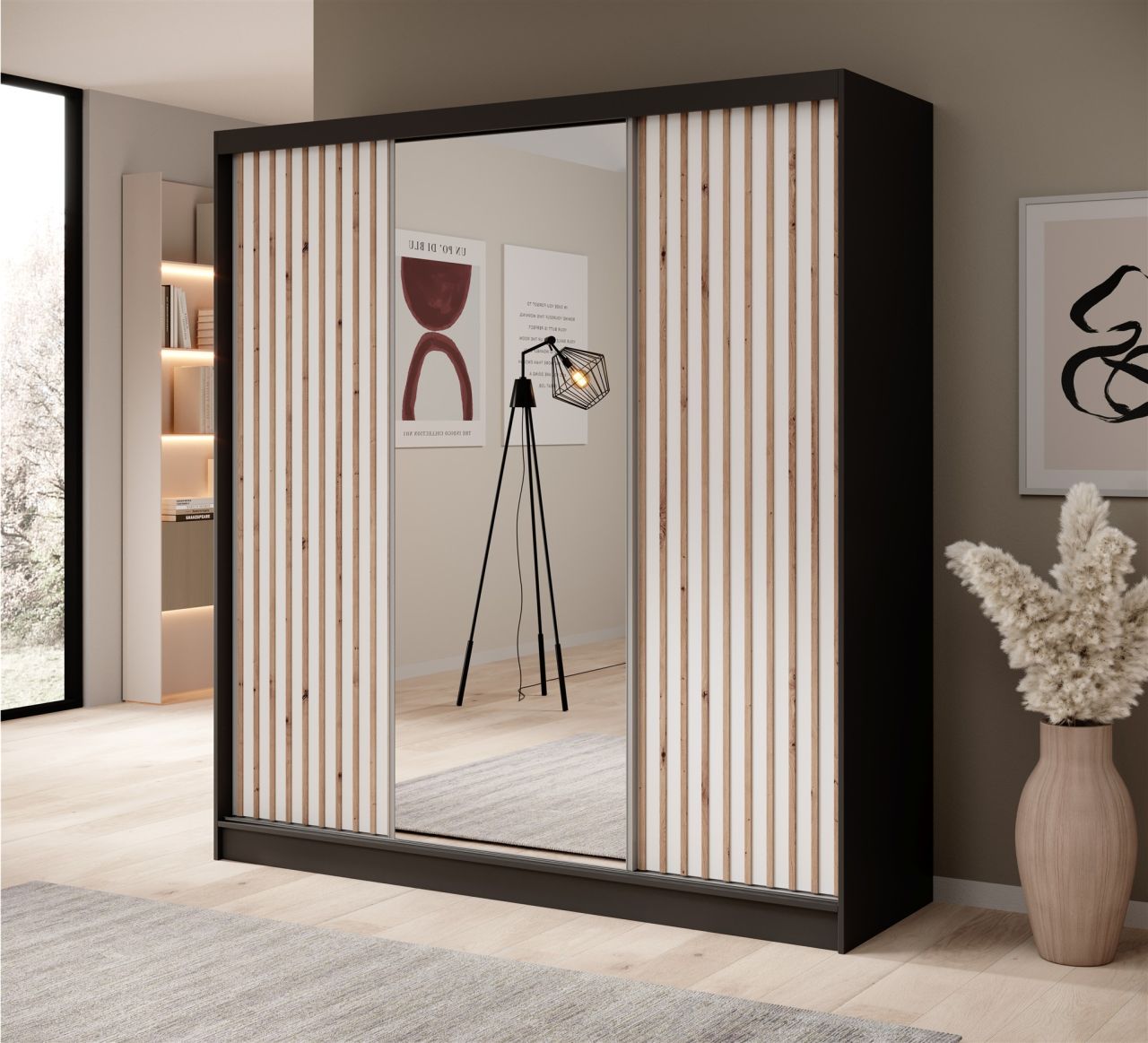 Schiebetürenschrank Schrank BRITE in Schwarz- Weiß matt 200x215x61 cm