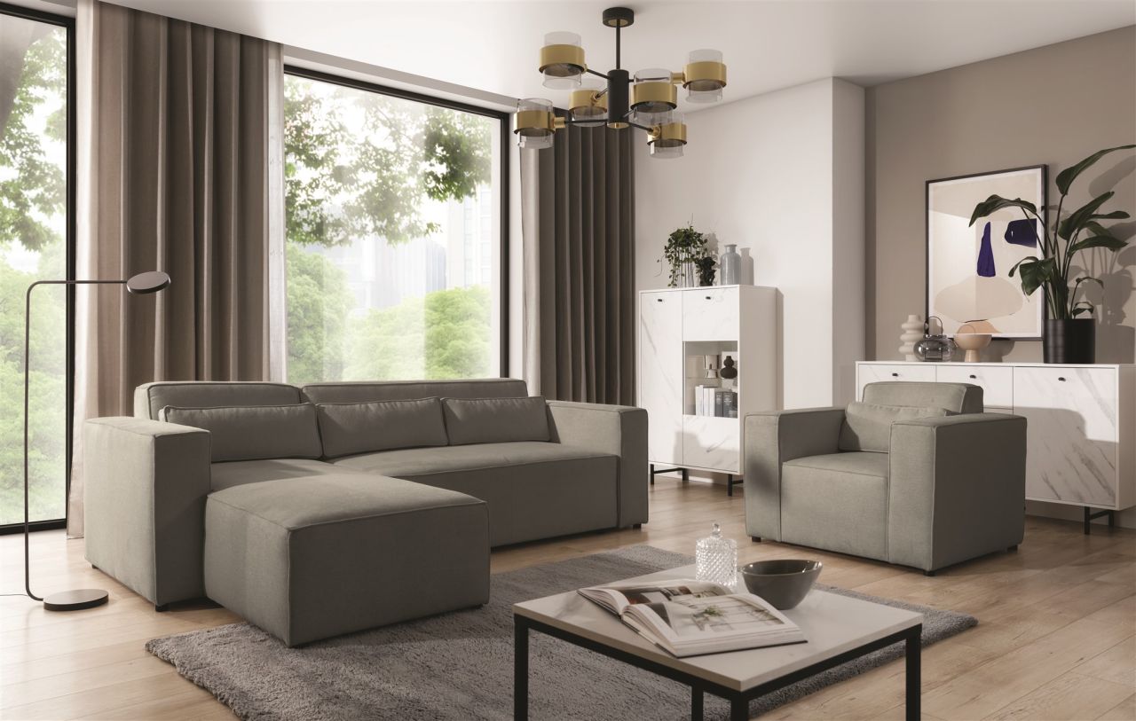 Ecksofa Schlafsofa inkl. Sessel WALDO Stoff Brooklyn Dunkelgrau Ottomane Links