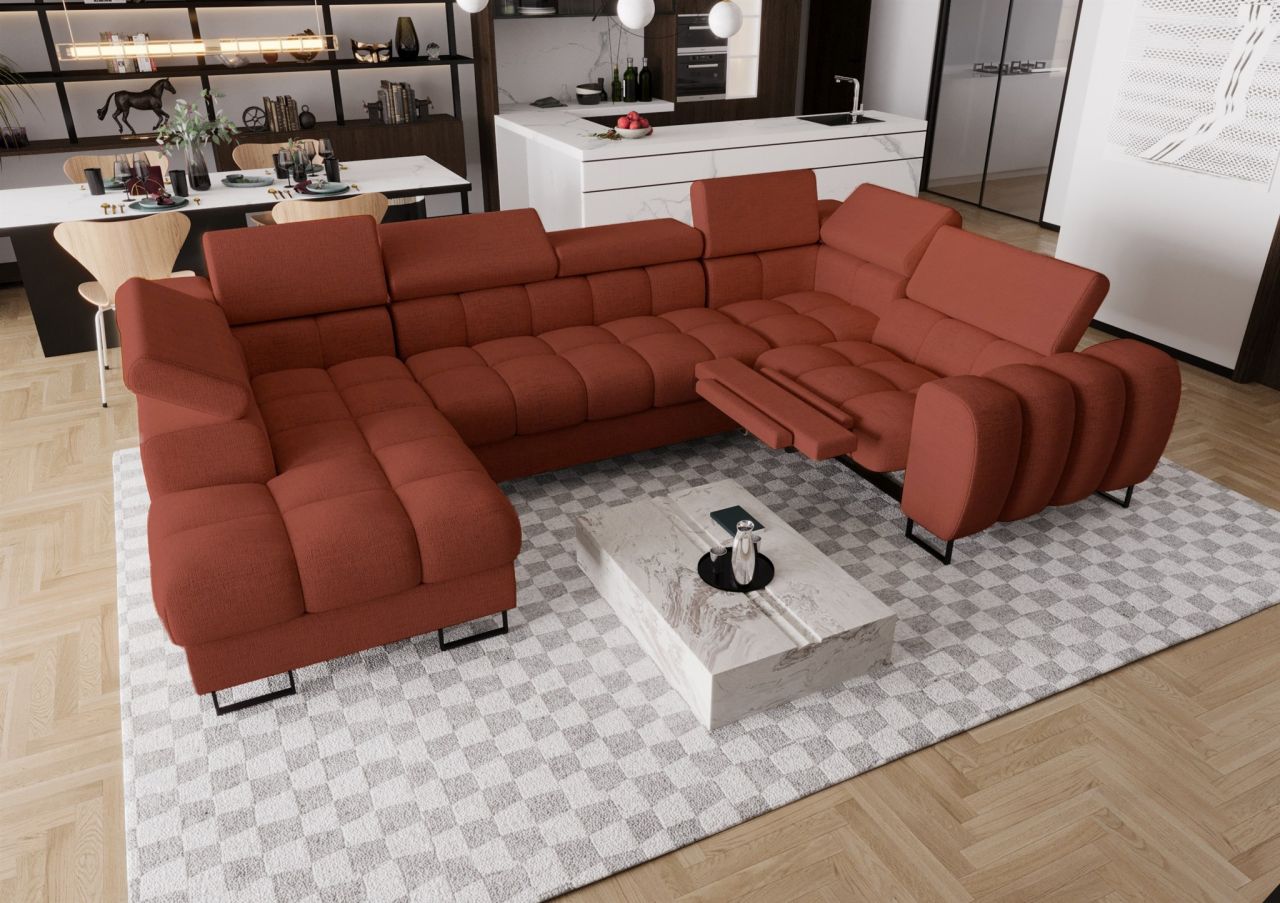 Wohnlandschaft Schlafsofa BASTIEN RELAX in Stoff Moly Ziegelrot Ottomane Links