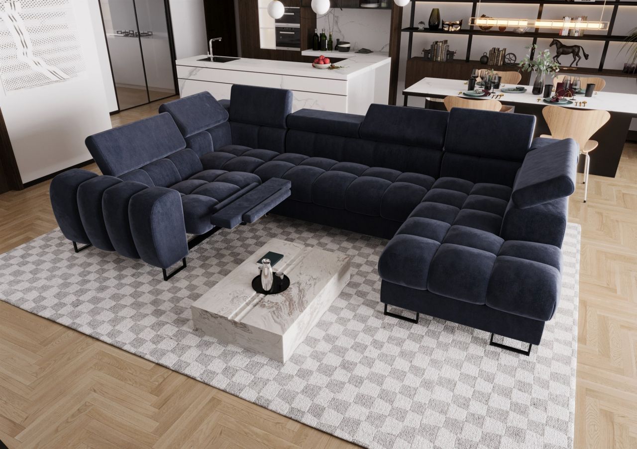 Wohnlandschaft Schlafsofa BASTIEN RELAX in Stoff Terra Blau Ottomane Rechts