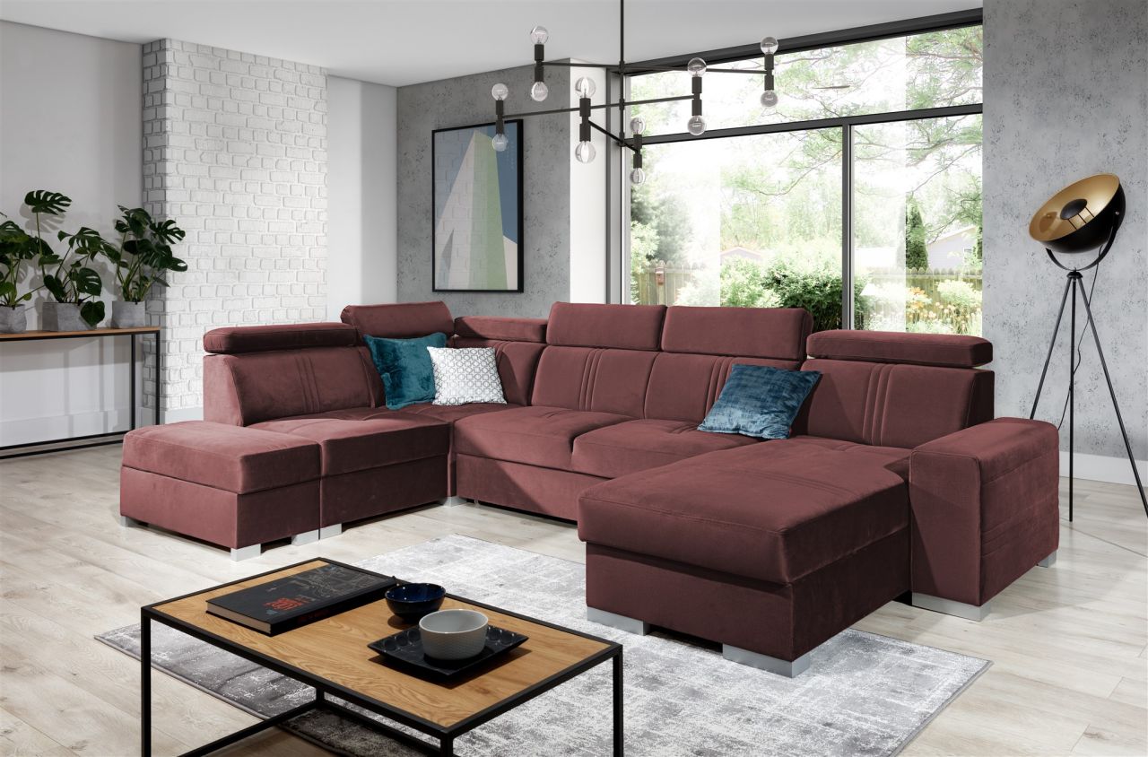 Wohnlandschaft Schlafsofa NOLAN ink USB Stoff Monolith Purpurrot Ottomane Rechts
