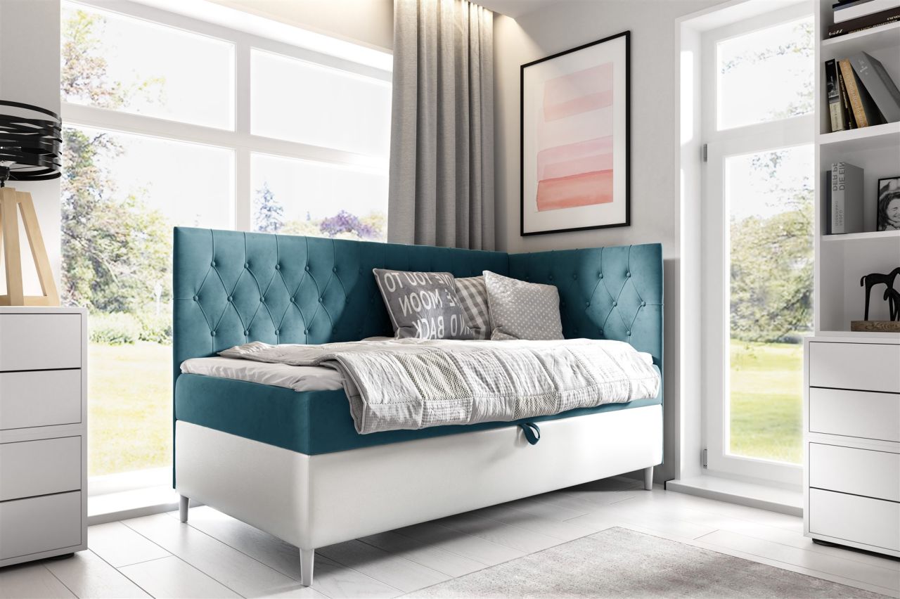 Boxspringbett Gästebett Kinderbett FINJA Nr.3 100x200cm Weiss-Türkis Seite Re...