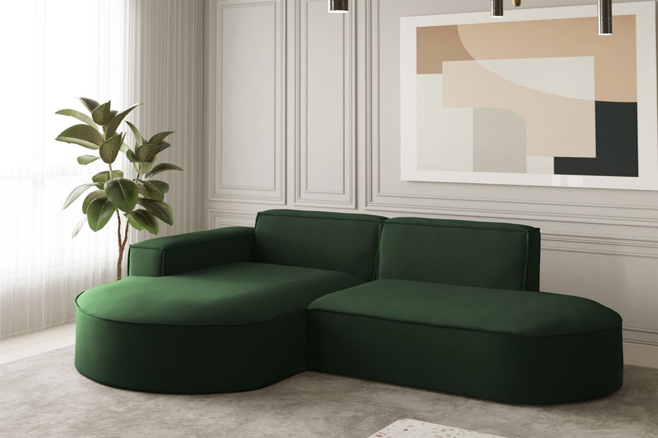 Ecksofa Designersofa PALMA XS in Stoff Opera Velvet Grün Ottomane Links