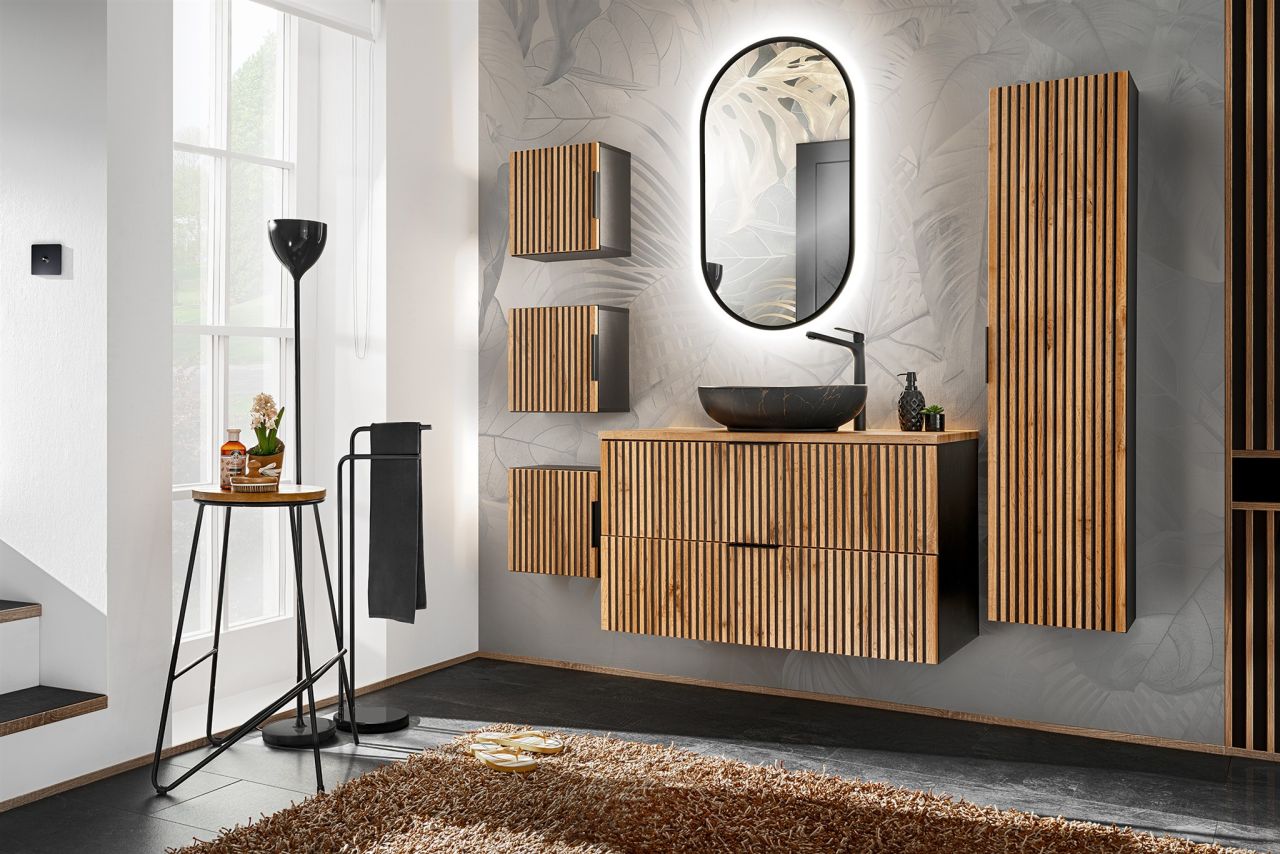 Badmöbel Set 7-tlg Badezimmerset ARMON Wotan Eiche Schrank 100cm inkl. Wascht...