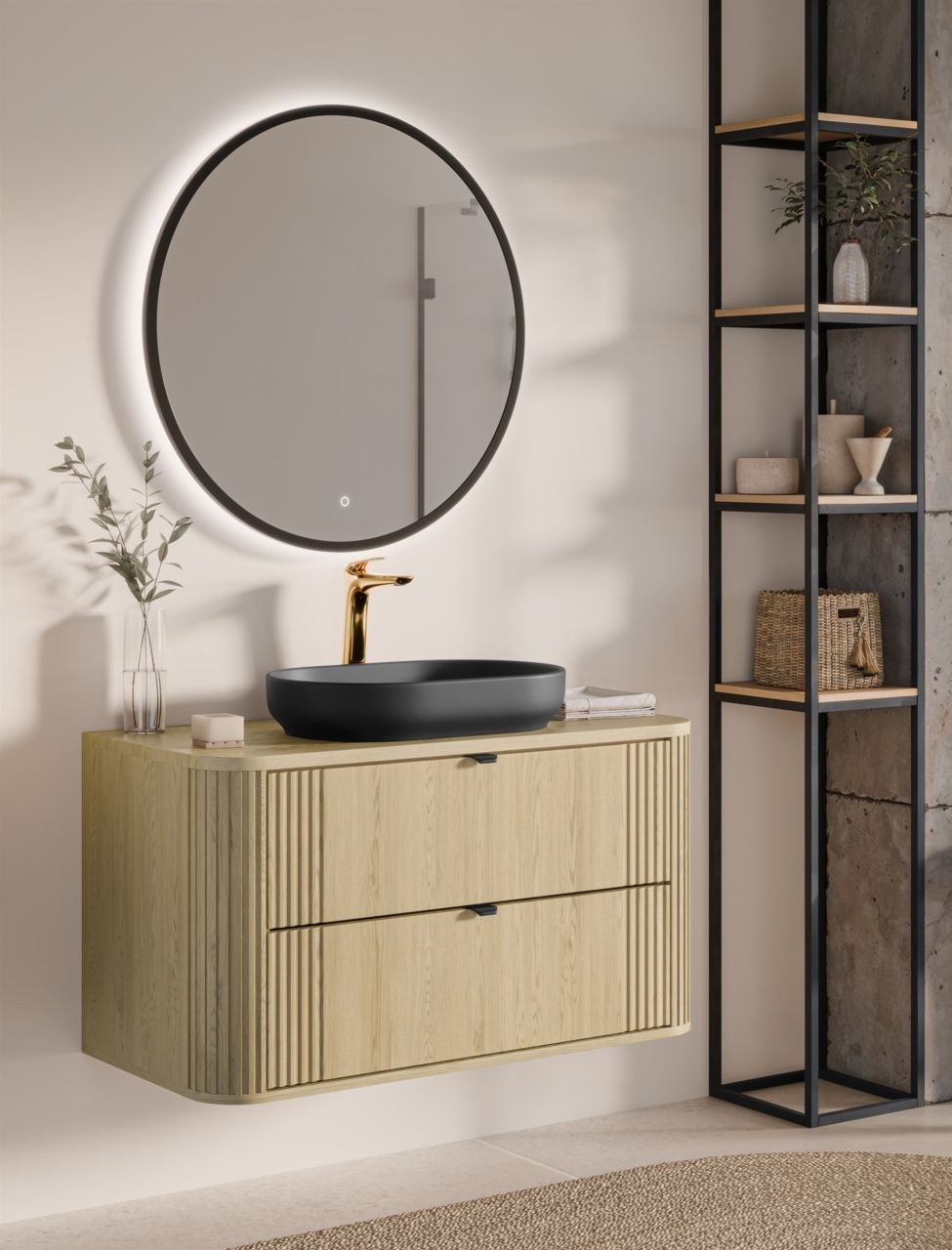 Badmöbel Set 3-tlg Badezimmerset WENDO Cremona Eiche Schrank 100cm inkl. Wasc...