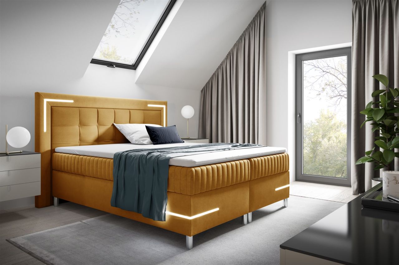 Boxspringbett Schlafzimmerbett 120x200cm AMORE Nr.2 Gelb inkl. LED-Beleuchtung