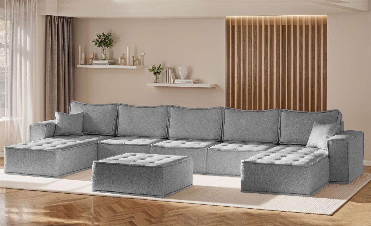Wohnlandschaft Sofa U-Form Modulsofa-Set 6-teilig SANDE Stoff Raven Grau