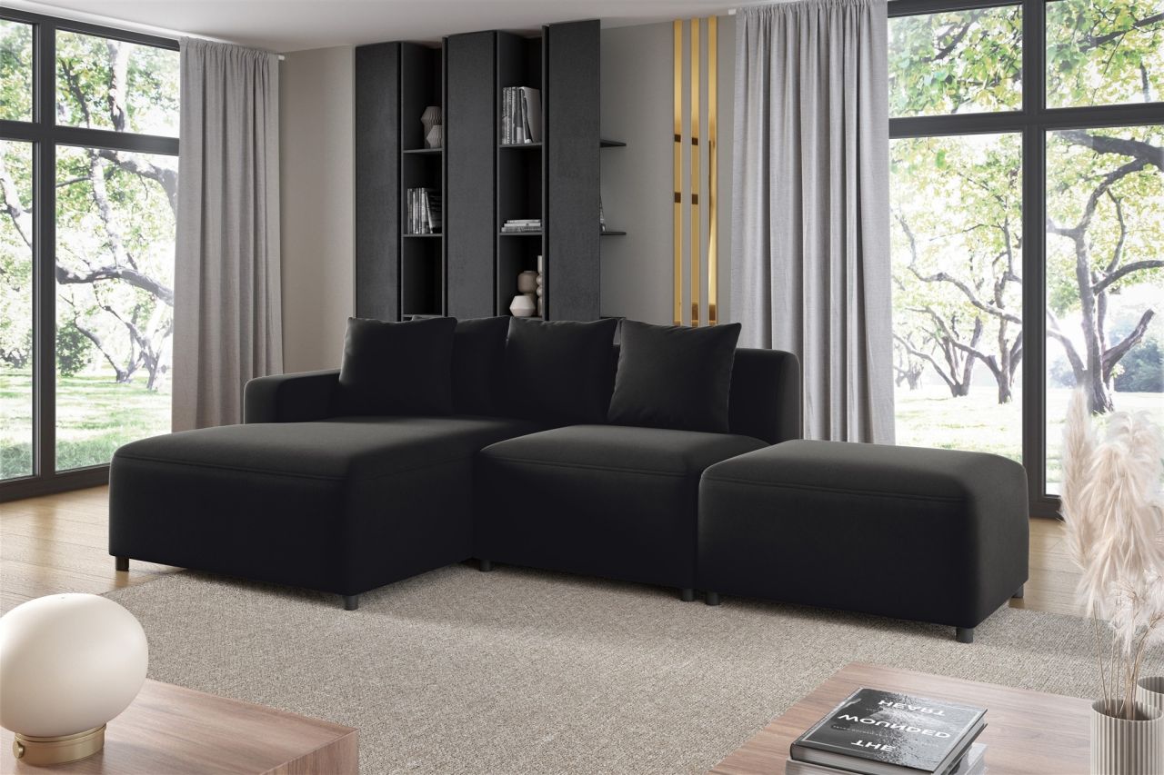 Ecksofa Designersofa MEGAN XS inkl. Hocker Stoff Salvador Schwarz Ottomane Links