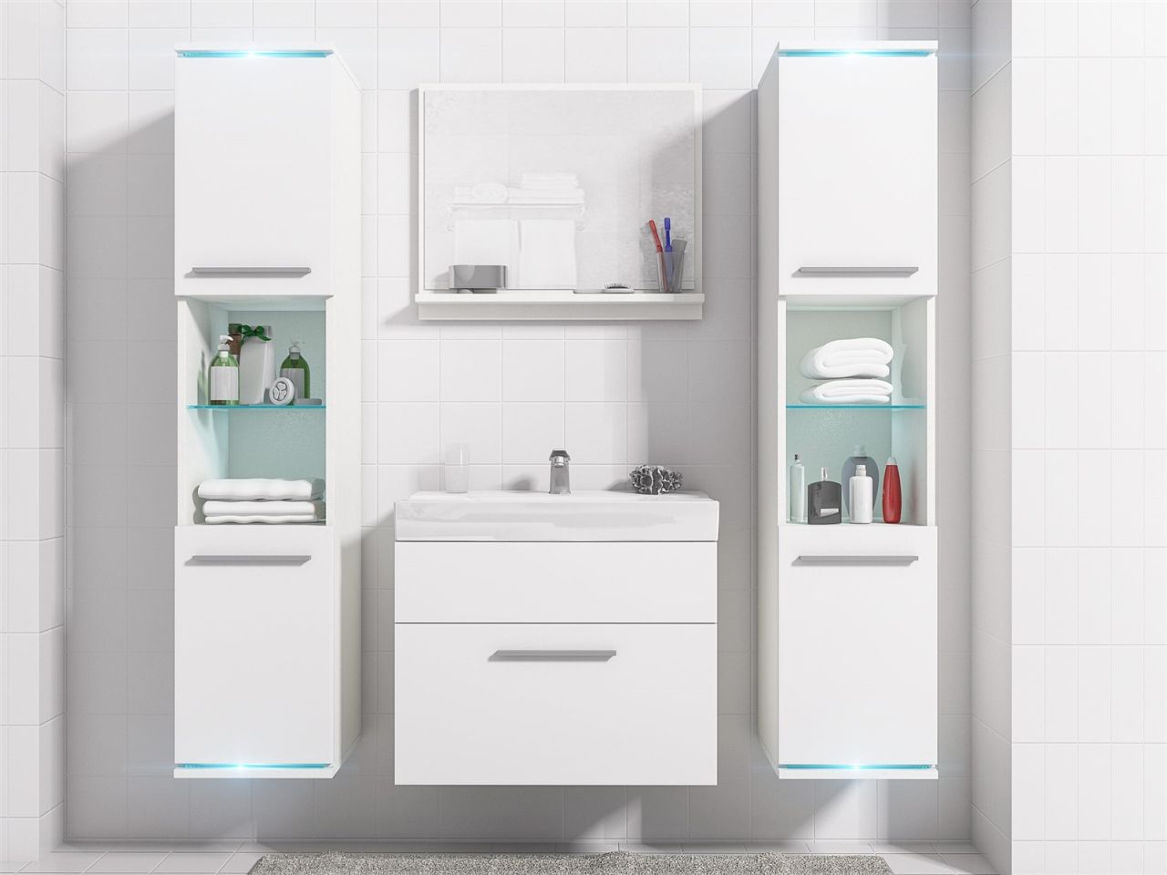 Badmöbel Set 5-Tlg Weiss matt TOPLINE inkl.Waschtisch inkl.LED