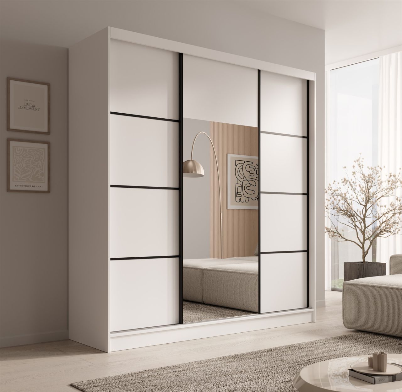 Schiebetürenschrank Schrank ALFA in Weiß- Tür Applikation Schwarz 200x215x61 cm