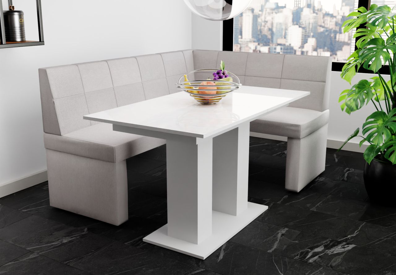 Eckbankgruppe 196x142 cm BLAKE XL L Stoff Soro Lichtgrau/ Esstisch DANTE Weiß...
