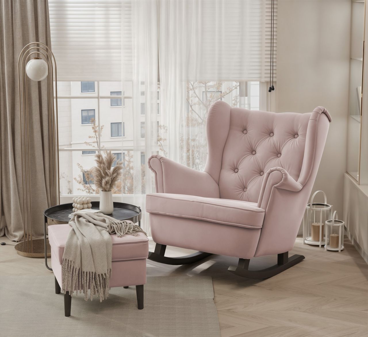 Schaukelsessel Ohrensessel Sessel NINON inkl. Hocker in Stoff Trinity Puderrosa