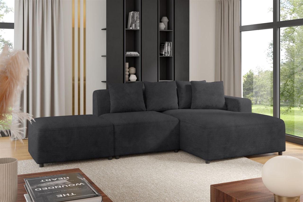 Ecksofa Designersofa MEGAN XS inkl. Hocker Stoff Poso Anthrazit Ottomane Rechts