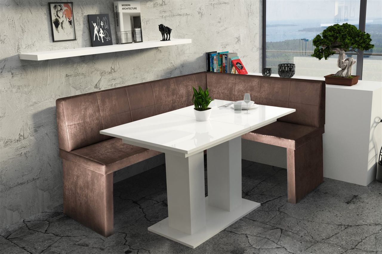 Eckbankgruppe 168x128 cm ROBIN L Vin.. Braun/ Esstisch DANTE Weiss HGL