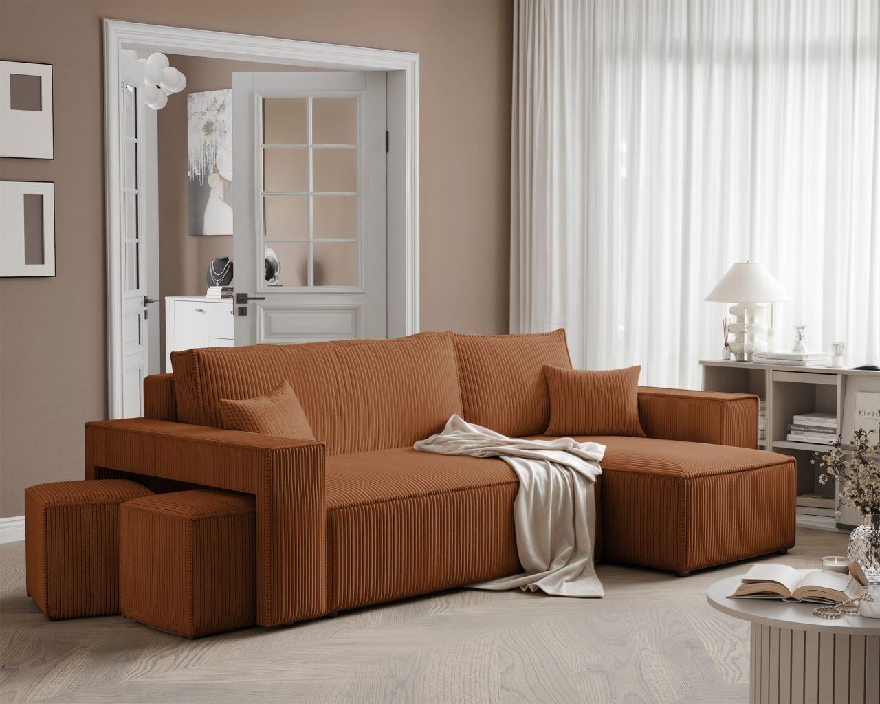 Ecksofa Schlafsofa Sofa ADARA inkl. Hocker Stoff Poso Rostbraun Ottomane Rechts
