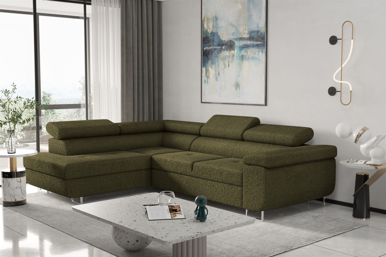 Couchgarnitur JADE Stoff Olive mit Schlaffunktion Ottomane Links