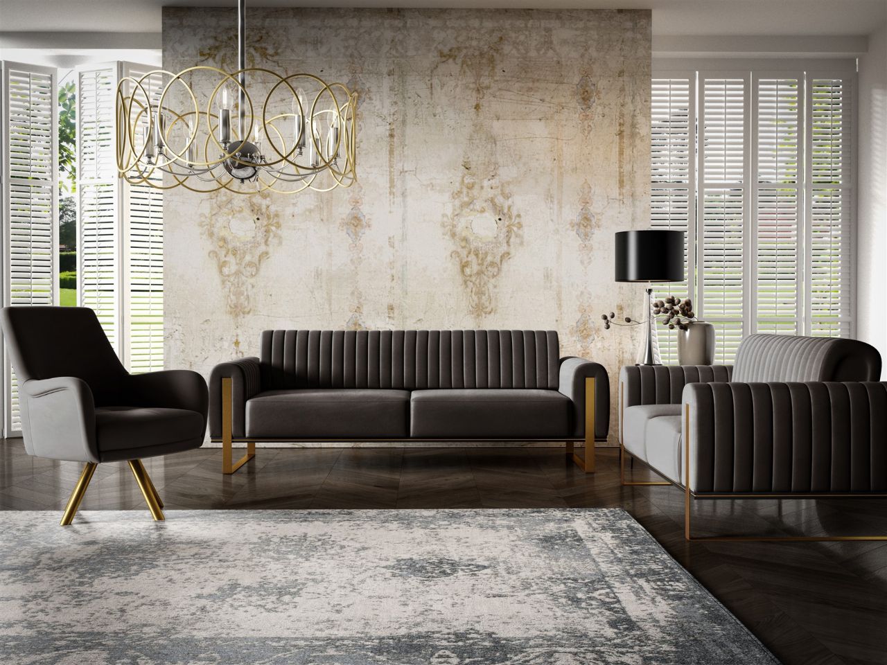 Sofaset Designersofas VALERIE 3-2-1 in Stoff Stoff Elisa Velvet Schwarz