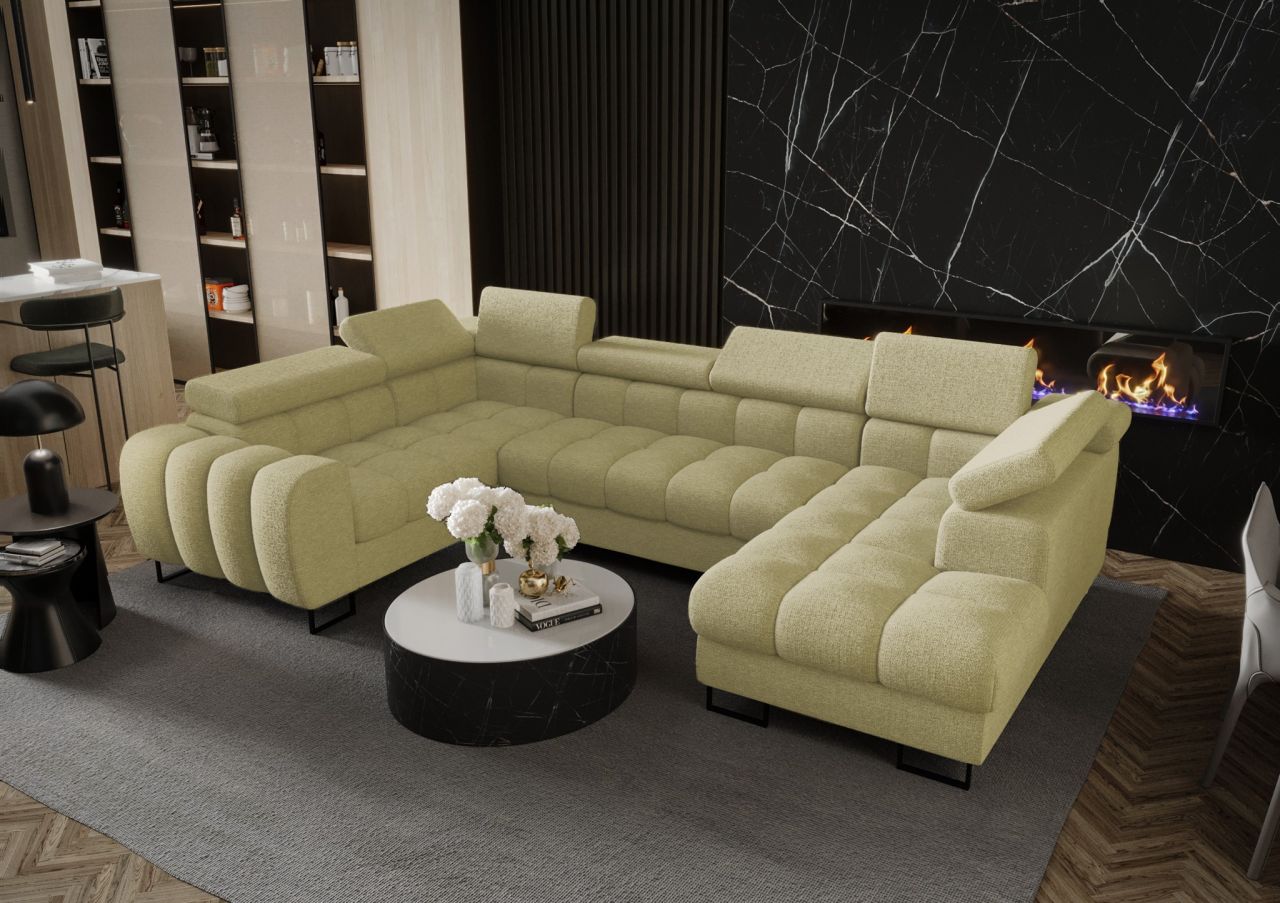 Wohnlandschaft Schlafsofa BASTIEN in Stoff Aragon Olivgrün Ottomane Rechts