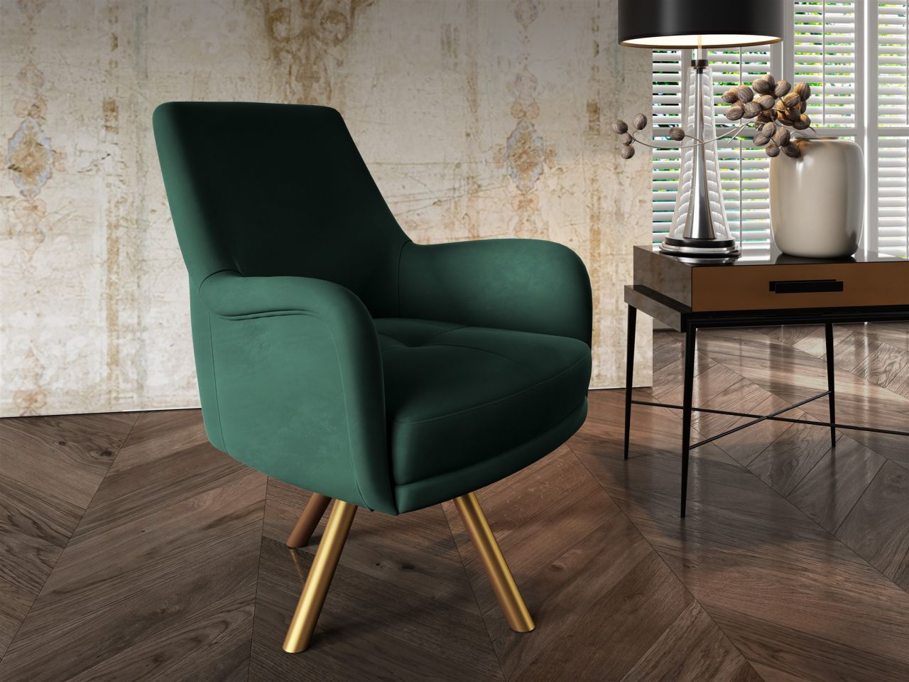 Sessel Drehsessel VALERIE in Stoff Stoff Elisa Velvet Flaschengrün