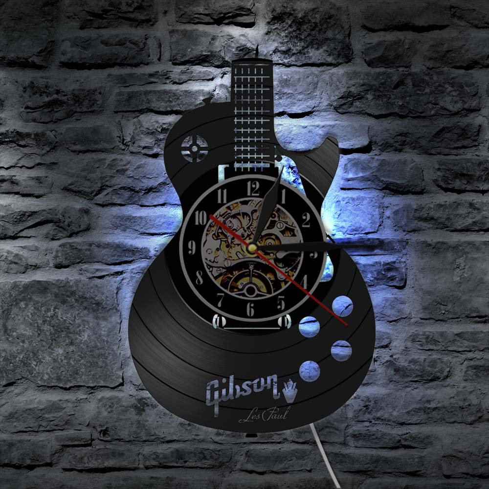 Akustische Gitarre Wanduhr Musical Vinyl aufzeichnen Wanduhr LED Moderne Felsen N rollen Musical relogio de parede uhren