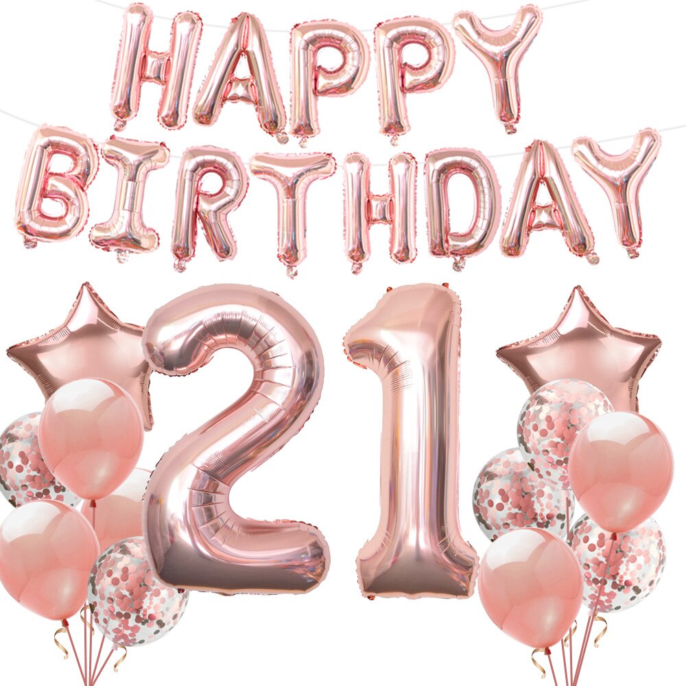 1einstellen Rose Gold 21th Geburtstag Party Dekoration Glücklich Geburtstag Banner Helium Anzahl Ballon 21 Jahrestag Erwachsene Partei Dekoration