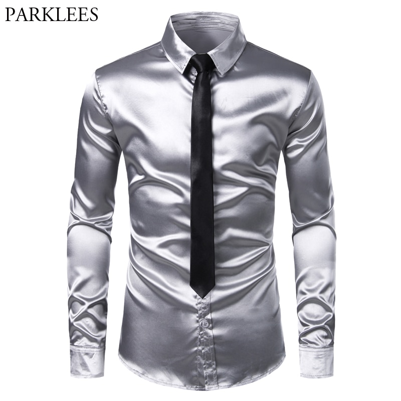 Männer der Splitter Seide Satin- Kleid Hemd Mit Krawatte schlank passen Geschmack Unten lässig Hemd Männlichen Party Hochzeit prom Bühne Hemd