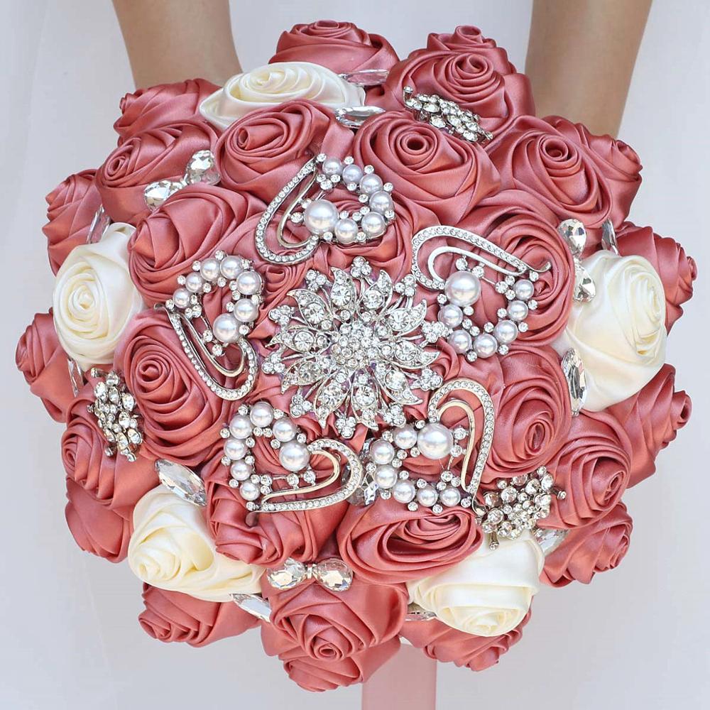 Rosa Elfenbein Birdal Hochzeit Blumensträuße Für Brautjungfern Hand halten Blumen Rose Perlen Brosche Halfter Blumen Buque De Noiva W380
