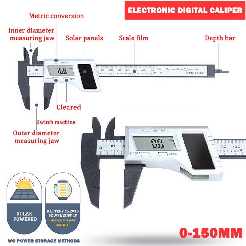 0-150MM LCD Digital Messschieber Kohlenstoff Faser Sattel Energie Durch Solar- Energie Messgerät Mikrometer Sauerei Werkzeug