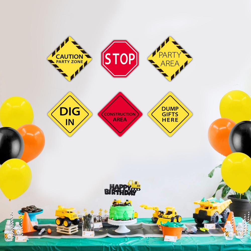 6 stücke Bau partei hintergrund Bagger Bau warnzeichen aufkleber Fahrzeug Lkw Zeichen freundlicher Jungen Geburtstag partei suppli