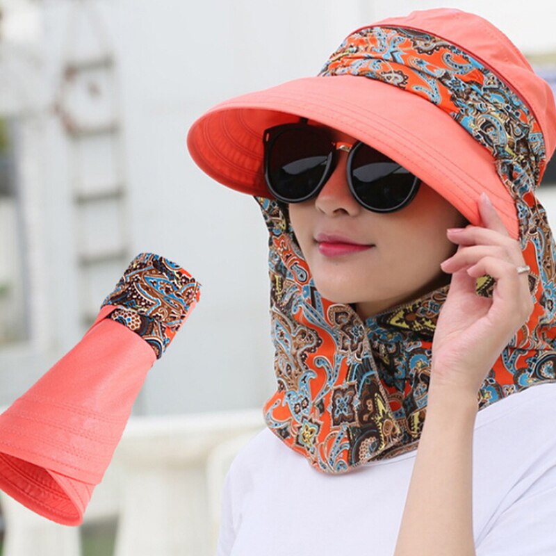 Frauen Sommer draussen Reiten Anti-Uv Sonnenhut Strand Faltbare Sonnencreme Blumen- Drucken Mützen Nacken Gesicht Breite Krempe Hütte