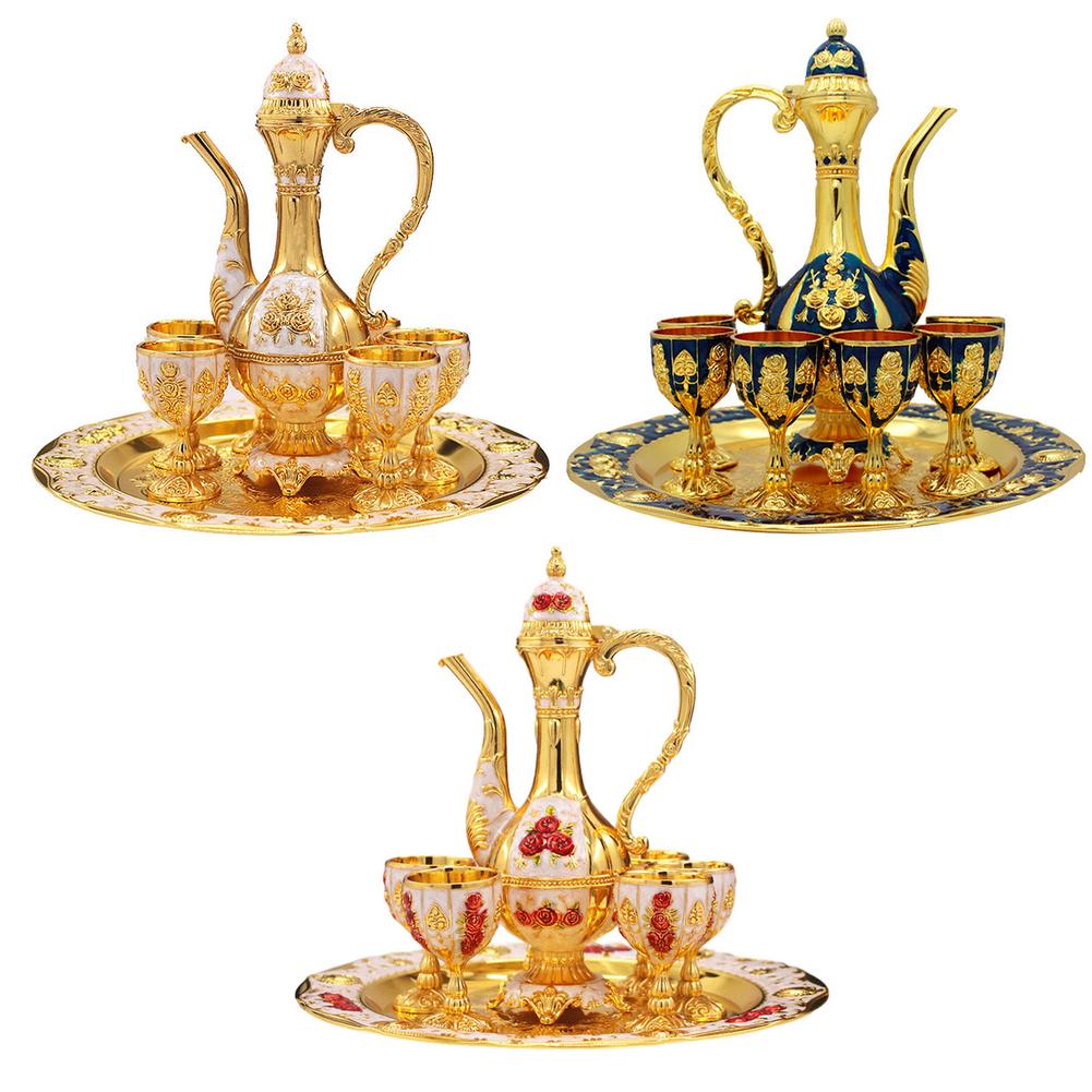 retro Palast Wein einstellen Wein Karaffe Mit Tassen Und Tablett Wein Zubehör einstellen Wohnkultur 1einstellen = 1 platte + 1 Topf + 6 Tassen