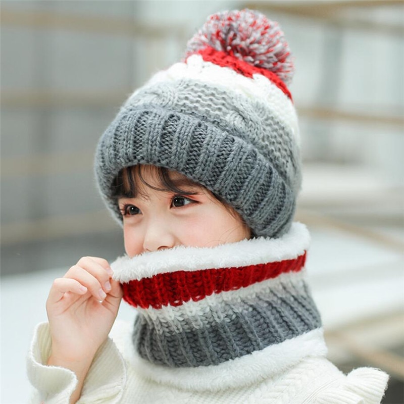 Große freundlicher Winter betroffen Hütte und Schal einstellen Art Plüsch Warme Pom Pom Kappe Schals Mädchen Patchwork Rund Schal Hütte 5-12T