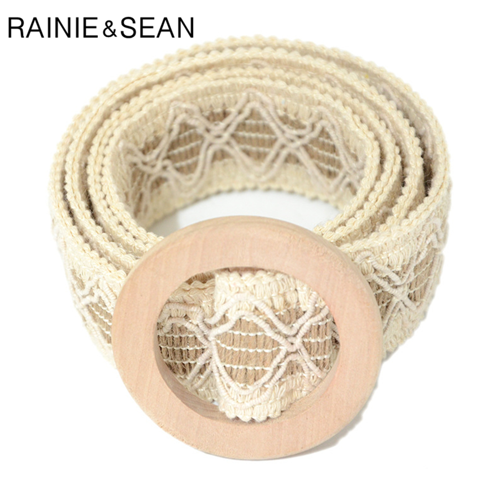 RAINIE SEAN Gestrickte Gürtel für Frauen Holz Glatt Schnalle Beige Taille Gürtel für Kleid Jahrgang Frauen Gürtel Weibliche Zubehör