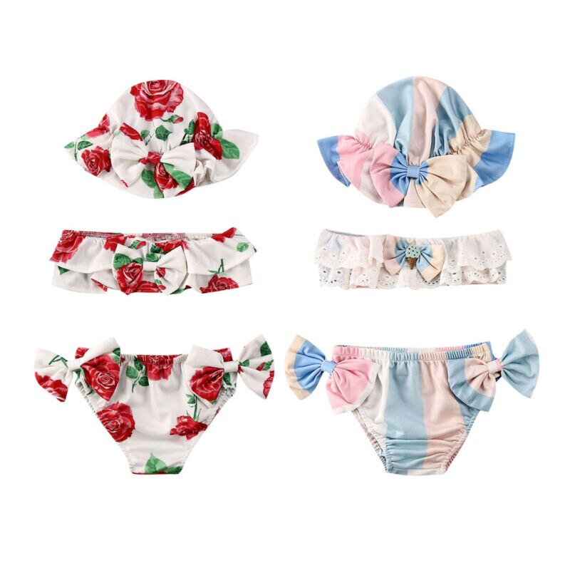 Baby Mädchen 3Stck Bikini setzt 0-24M neugeboren Kleinkind Kleinkind Sommer lässig Badeanzug Blumen- Bademode mit Hütte Badeanzug