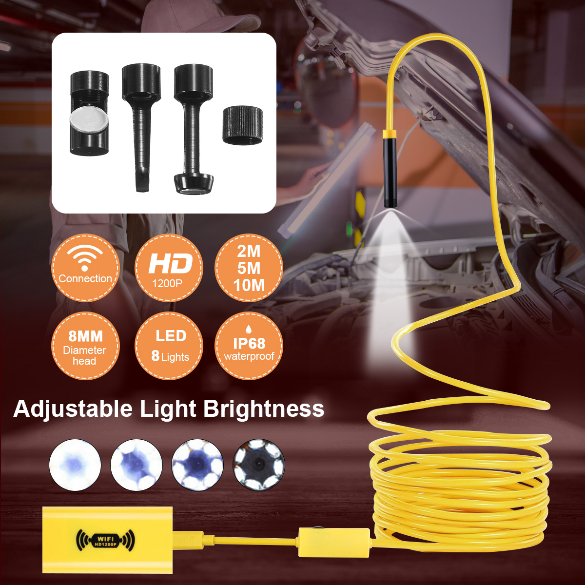 WIFI Endoskop Kamera 2/5/10M HD 1200P 8mm 8 LED Mini Wasserdicht Harte Kabel inspektion Kamera USB Endoskop für Iphone PC IOS