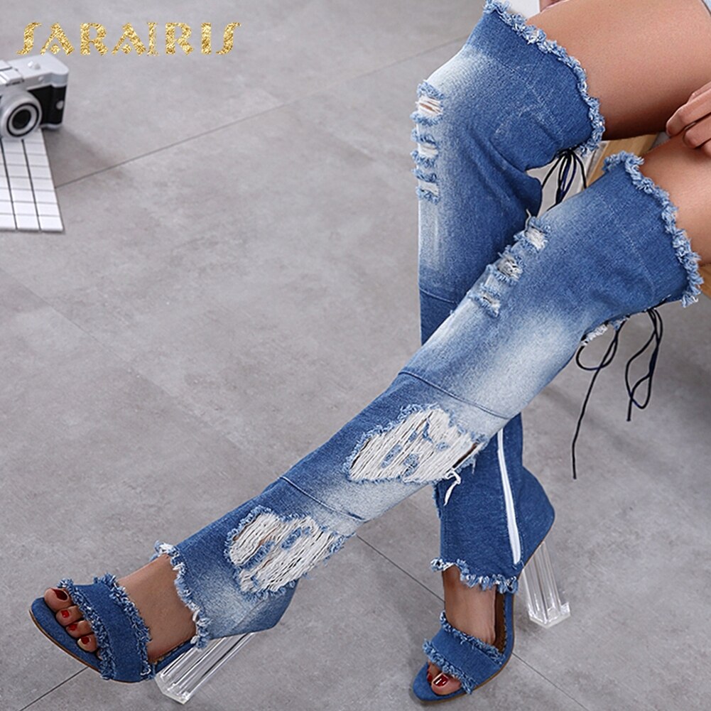 Sarairis Neue Denim gucken Zehe Sommer Stiefel Frau Schuhe Platz hoch Hacke Über-sterben-Knie Stiefel frauen Schuhe Schuhe