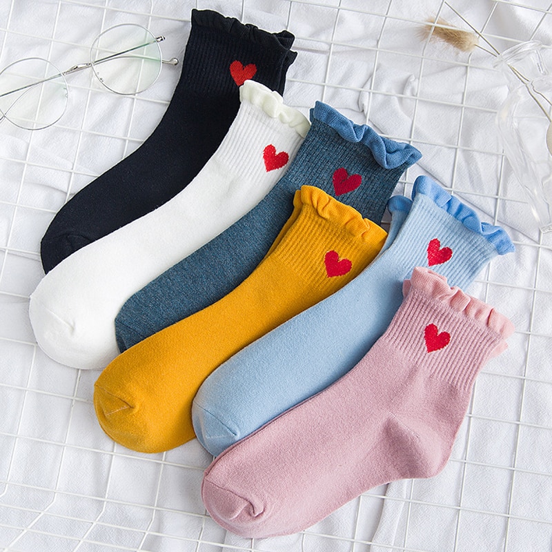 Spitze Rüschen Weiche Baumwolle Frauen Socken oben Einfarbig Herz Nette Socken Süße Prinzessin Mädchen SchöNe gekräuselt Socken