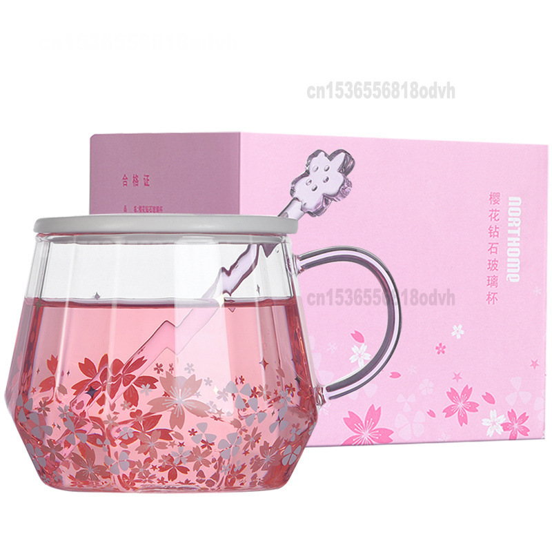 Sakura Diamant Tasse Glas Wasser Tasse mit Handl Rosa Nette Rühren Tasse Kaffee Klar Glas