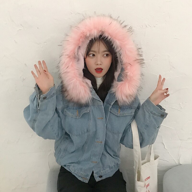 frauen Jacke Winter Dicke Jean Jacke Rosa Pelz Kragen Vlies Mit Kapuze Denim Mantel Weibliche Lamm Pelz gepolstert Warme Denim jacke