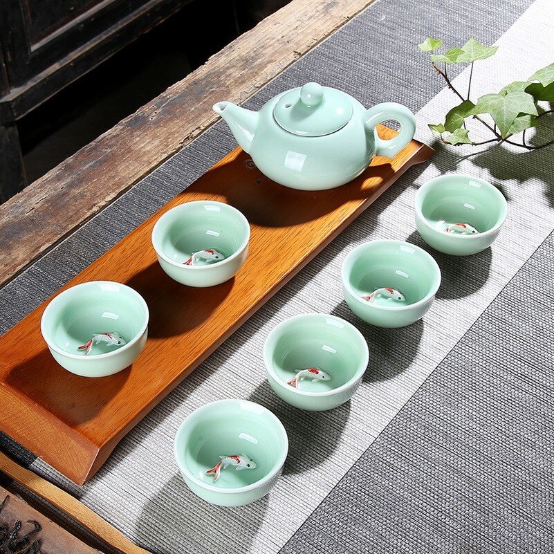 Keramik Kung Fu Tee-einstellen Tee Teegeschirr einstellen von 6 Seladon Kleine Fisch Tasse Karpfen Tee-einstellen Tee Topf und Tee Tasse