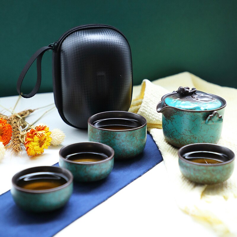 China Kung Fu Tee-einstellen 1 Teekanne 4 Tasse Reise Teekanne Wasserkocher Kaffee Tasse Topf Getränk Tee Tassen Gaiwan draussen Camping Teekanne einstellen