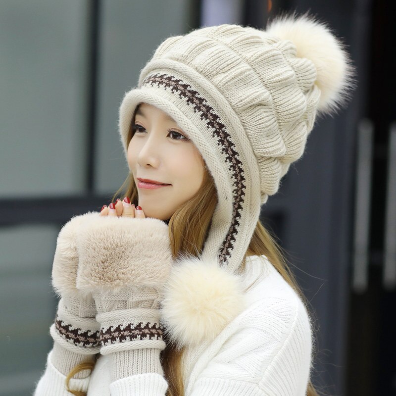 frauen Winter Hütte Weibliche HinzufüGen Pelz Futter Gestrickte Hütte Mit Handschuhe einstellen Pompons Ball Mütze Deckel Mädchen Dicke warm Mütze Hütte