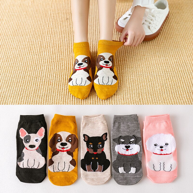 5 Paare Nette Katze Hund Frauen Socken Slipper Lustige Baumwolle Sommer Harajuku Karikatur Japanischen Streetwear für Mädchen Kätzchen Kawaii