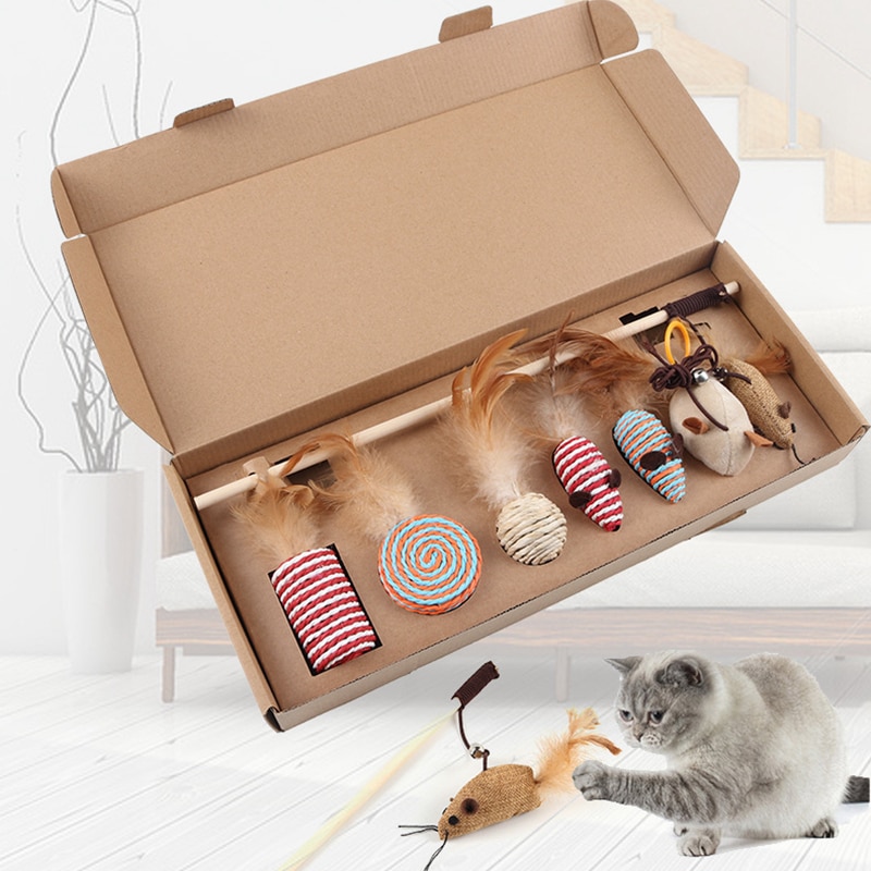 7 teile/satz Katze Interaktive Spielzeug Stock Feder Holz Stange Maus Spielzeug Mit Mini Glocke Haustier Ausbildung Spielzeug Liefert