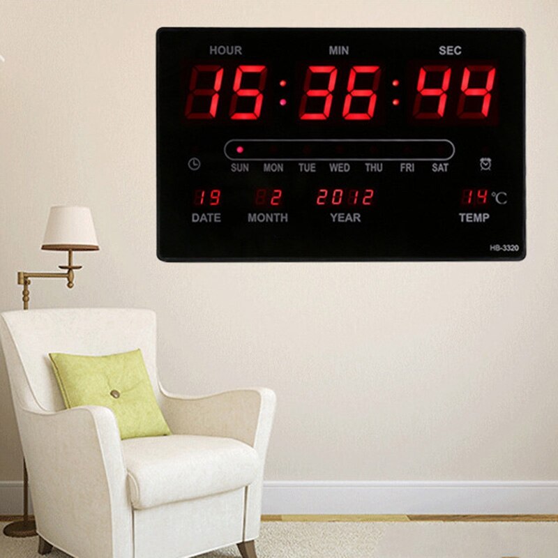 Wohnzimmer 6 Ziffern LED Kalender Wanduhr mit Thermometer Energie aus Zeit Speicher Uhr Große Zahlen Plugin Alarm Uhr