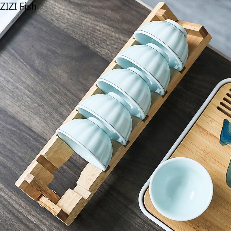 Kung Fu Tee Tasse 60ml 6 Einzelnen Tassen Keramik Tee-einstellen mit Ablauf Gestell Einfarbig Grün Tee tieguanyin Teetasse Kung Fu Tee-einstellen