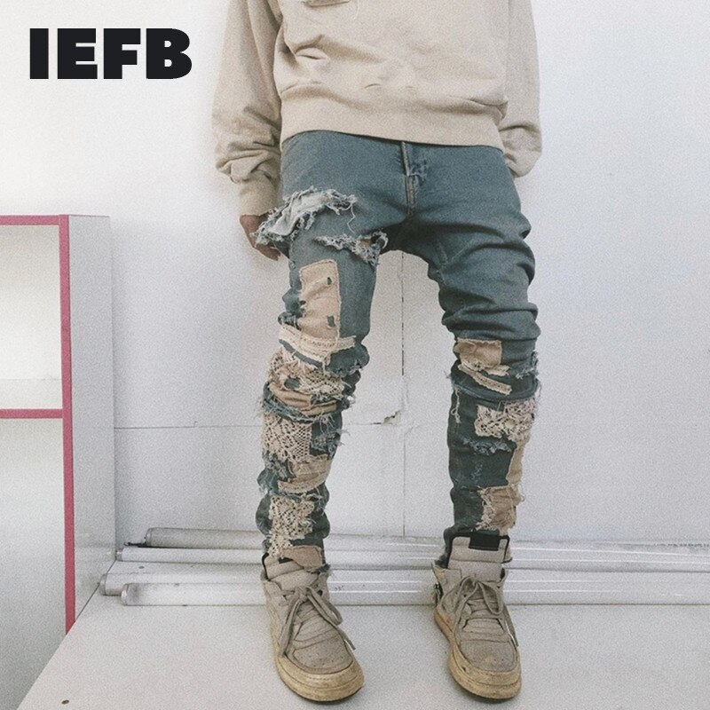 IEFB männer Blau Jeans Streetwear Zerstört Zerrissene Jeans Homme Hüfte hüpfen Gebrochen Modis Männlichen Bleistift Spitze Stickerei Patch Hosen neue