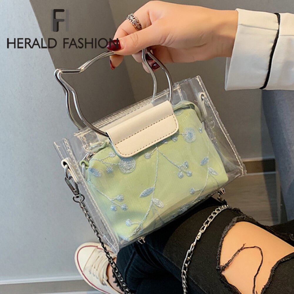 klar tasche PVC transparent Frauen Tasche metallisch Ring Tote tasche Strand Reise Kette Schulter Bote Tasche geldbörse