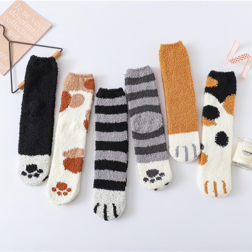 Katze klaue socken Winter druck aufbringen Plus samt warme schlaf hause socken boden socken Frauen SchöNe Katze Klaue Korallen verdickung